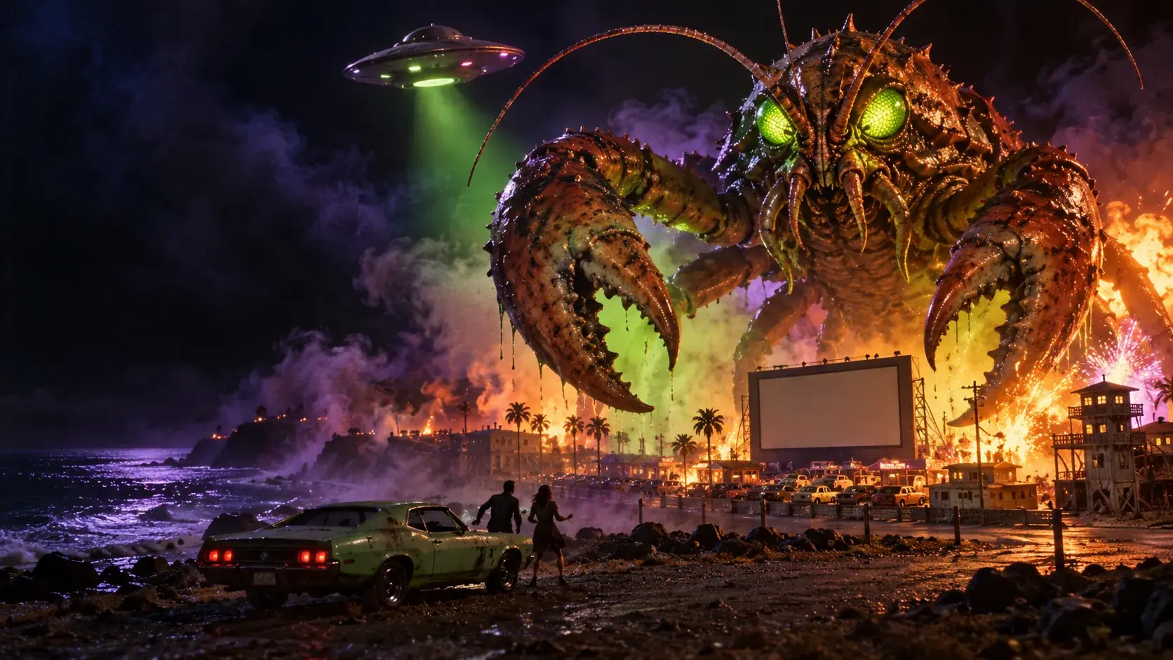 Erfundene Monsterszene: ein riesiger Gummihummer und ein UFO bedrohen ein nächtliches Autokino.